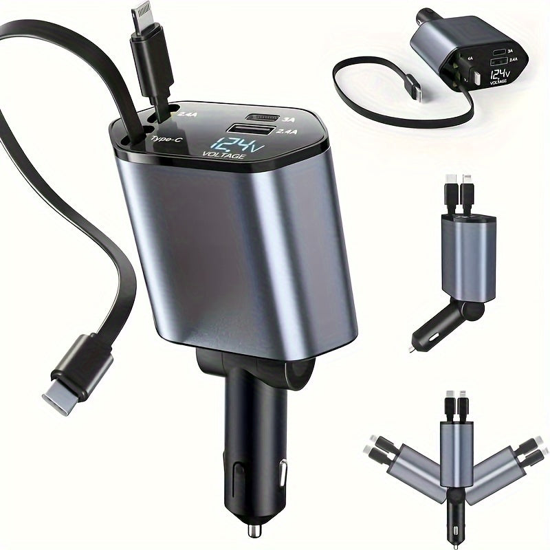 4-in-1 120W Retractable Fast Car Charger with Dual USB Ports & Cables for iPhone Samsung Google Smartphones