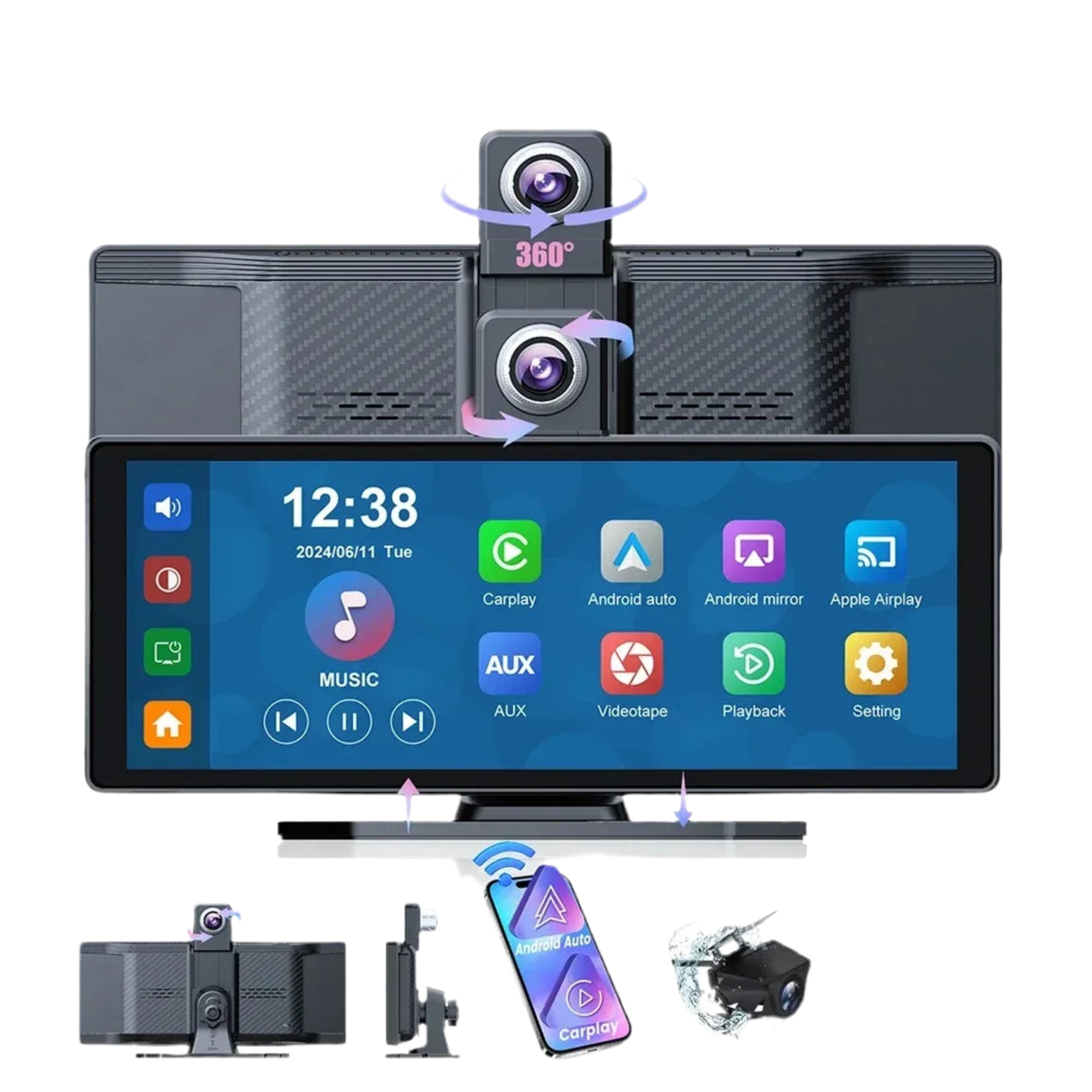 10.26" 4K Rotating Dash Cam with Wireless CarPlay Android Auto Bluetooth AUX