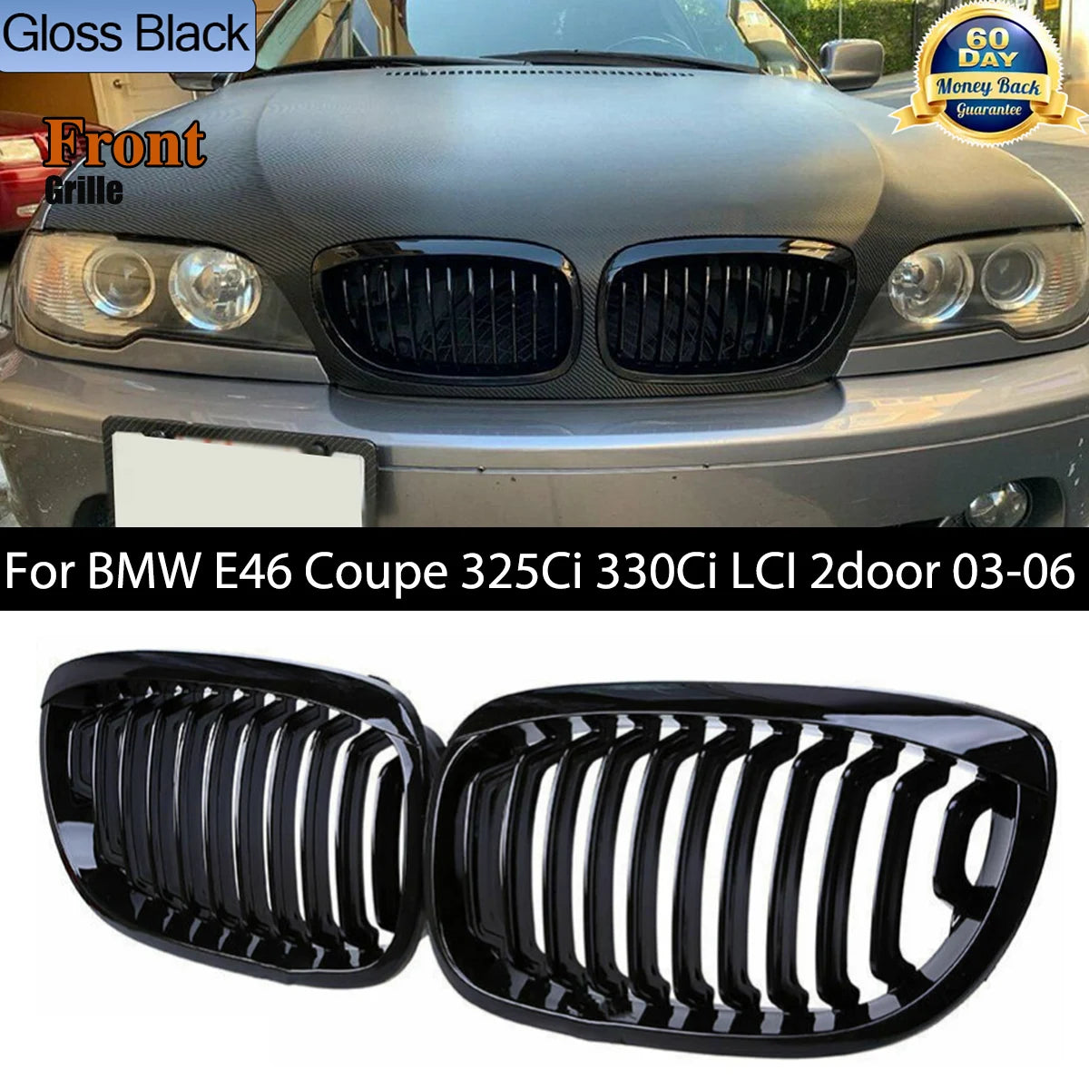 Gloss Black Racing Front Kidney Grilles for BMW E46 Coupe & Cabrio 2003-2006 Easy Install Weatherproof ABS Upgrade