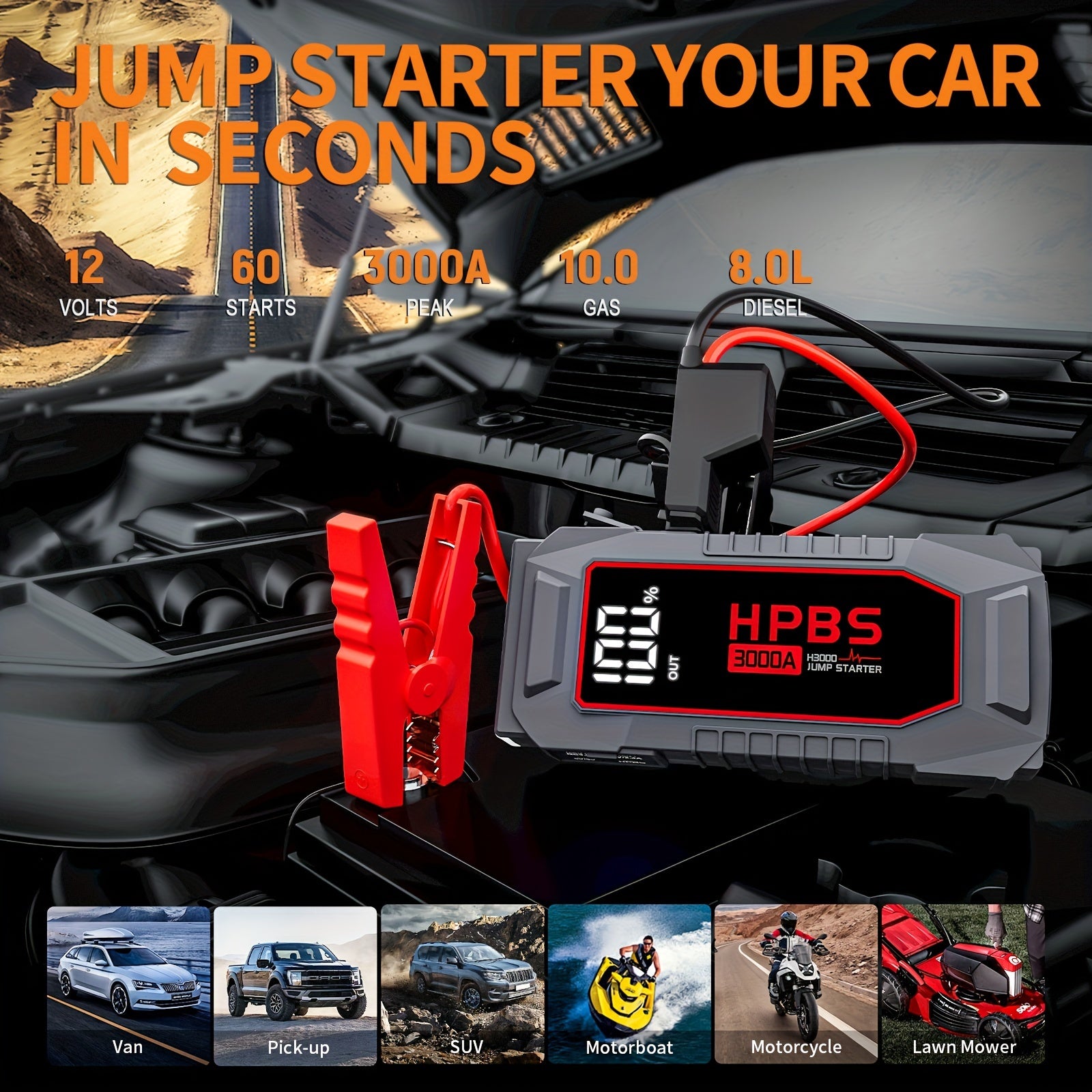 Mini Jump Box, Compact 3000A Car Jump Starter & Power Bank for 12V Vehicles - 20,000mAh Emergency Battery Booster & Charger for Cars, SUVs, Trucks, and Motorcycles