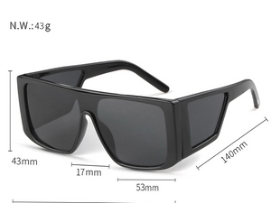 a pair of sunglasses with a black frame and grey lens