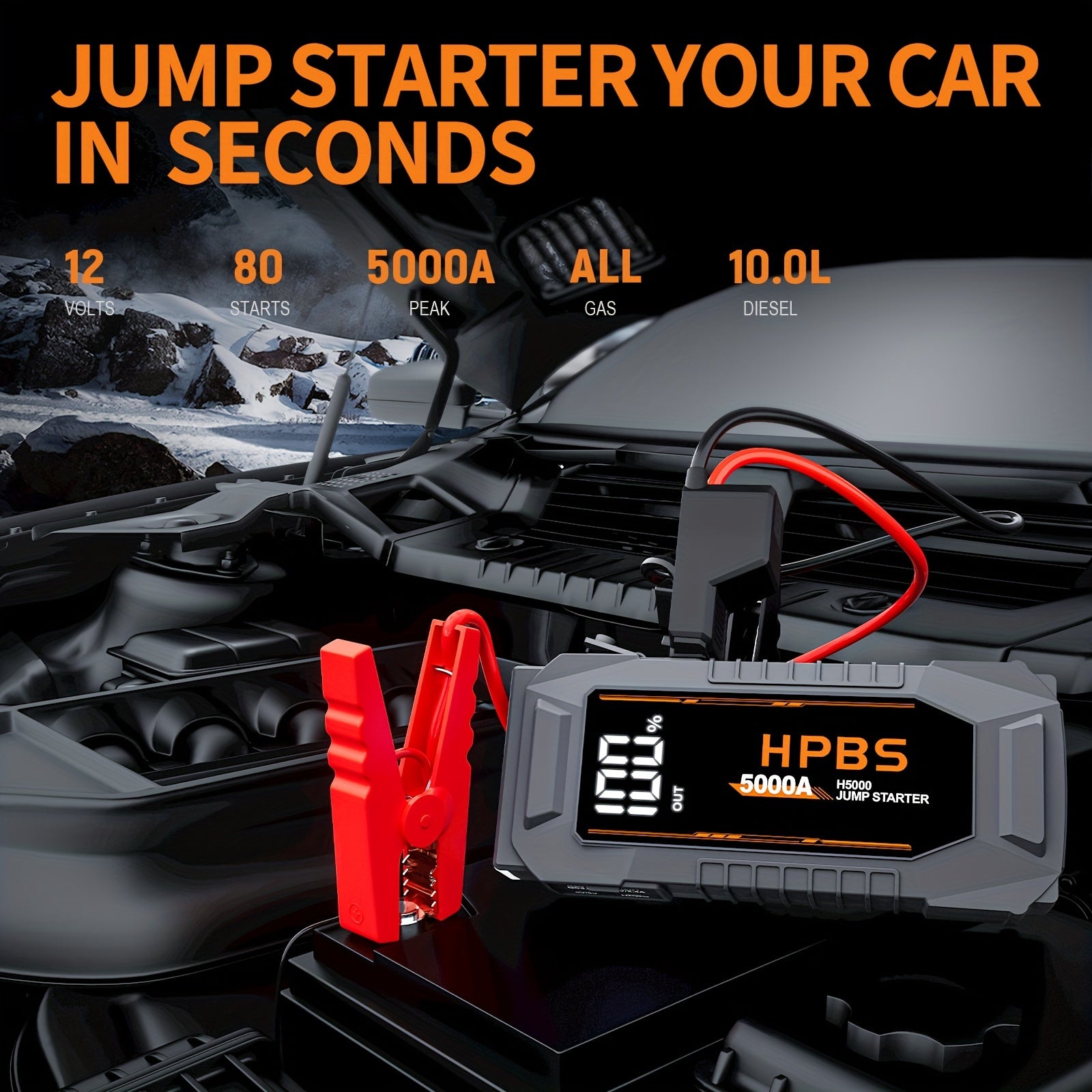 Portable Jump Starter & Power Bank with Multi-Functional Flashlight for Cars, SUVs, and Trucks - 5000A Peak Current, Quick Start for Gas & Diesel Engines