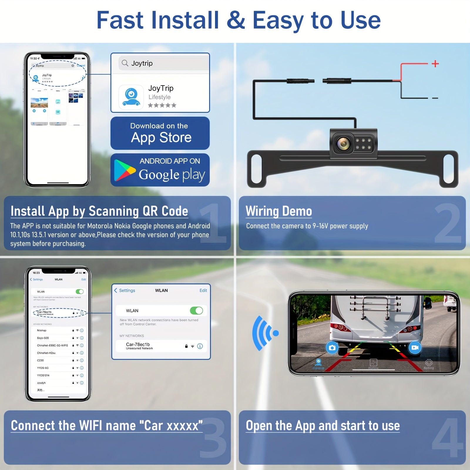 Wireless HD Backup Camera with WiFi for iOS & Android - 140° Wide Angle, Night Vision, and Adjustable Guidelines for Cars, Trucks, and SUVs