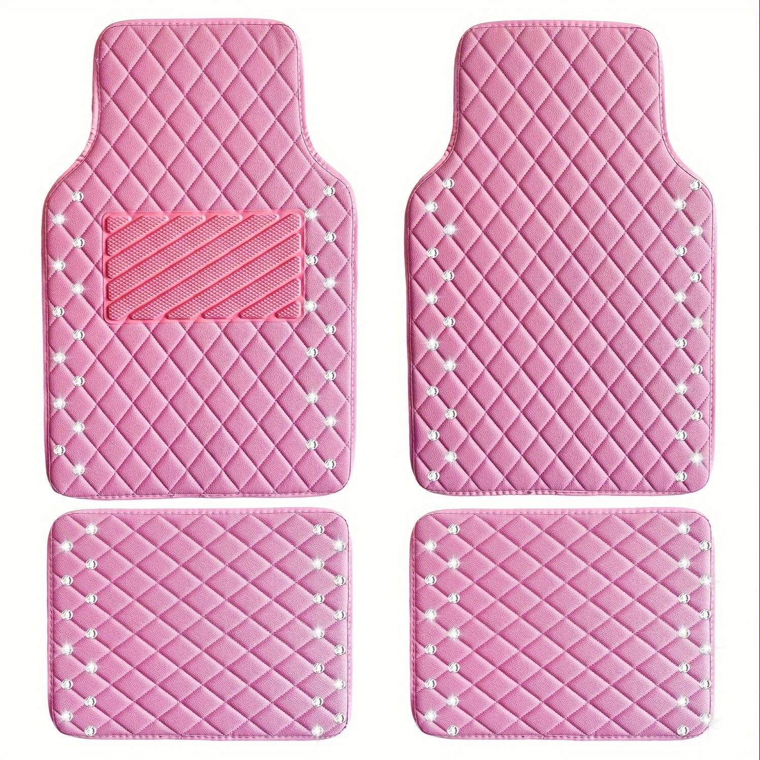 Diamond Rhinestone Car Floor Mats, Sparkly PU Leather Carpet Set for Women, Cute Pink Bling Auto Mats, Universal Fit for SUV, Sedan & Van, 4-Piece Set