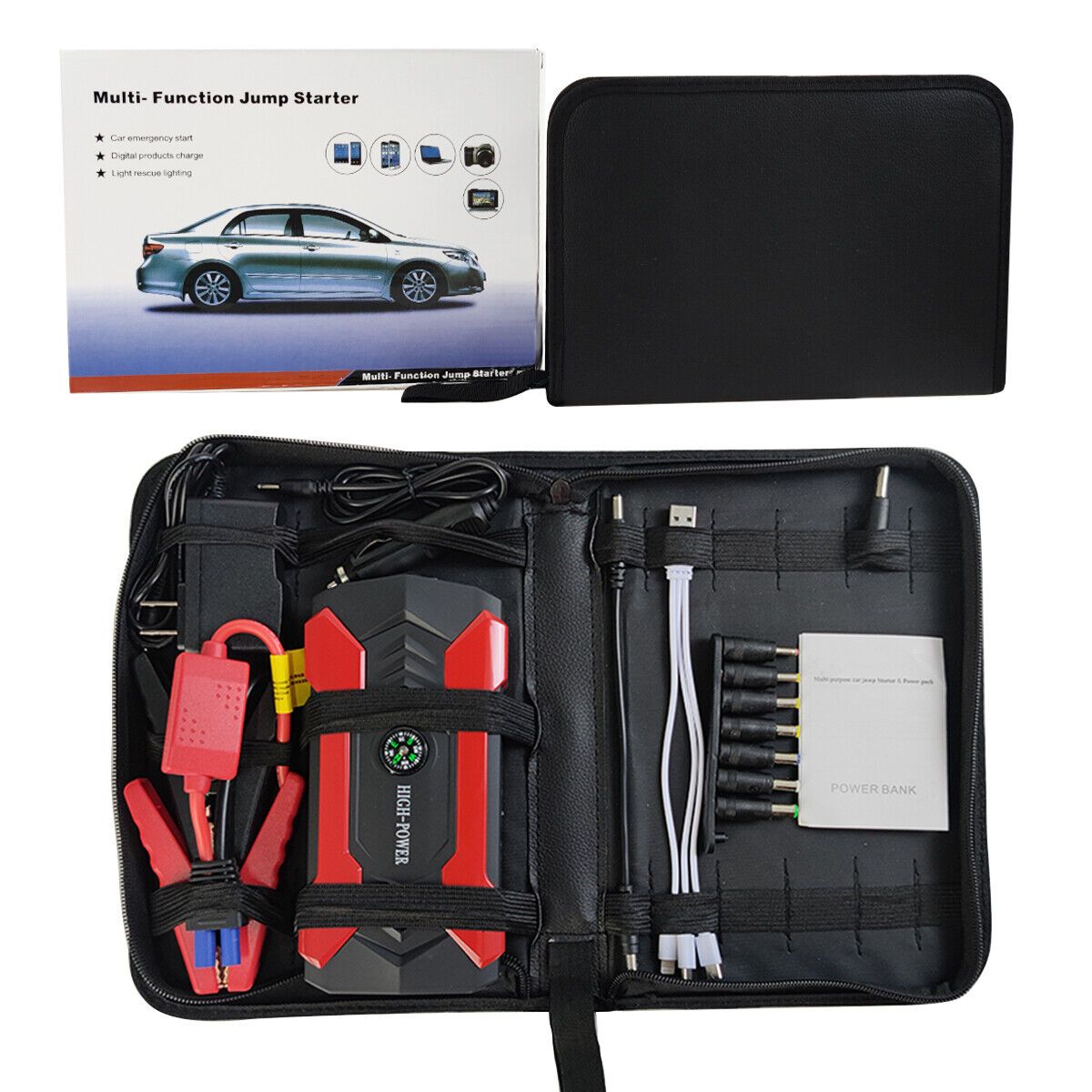 Multi-Function Emergency Roadside Kit, Car Jump Starter & Power Bank with Flashlight, SOS light, and Compass