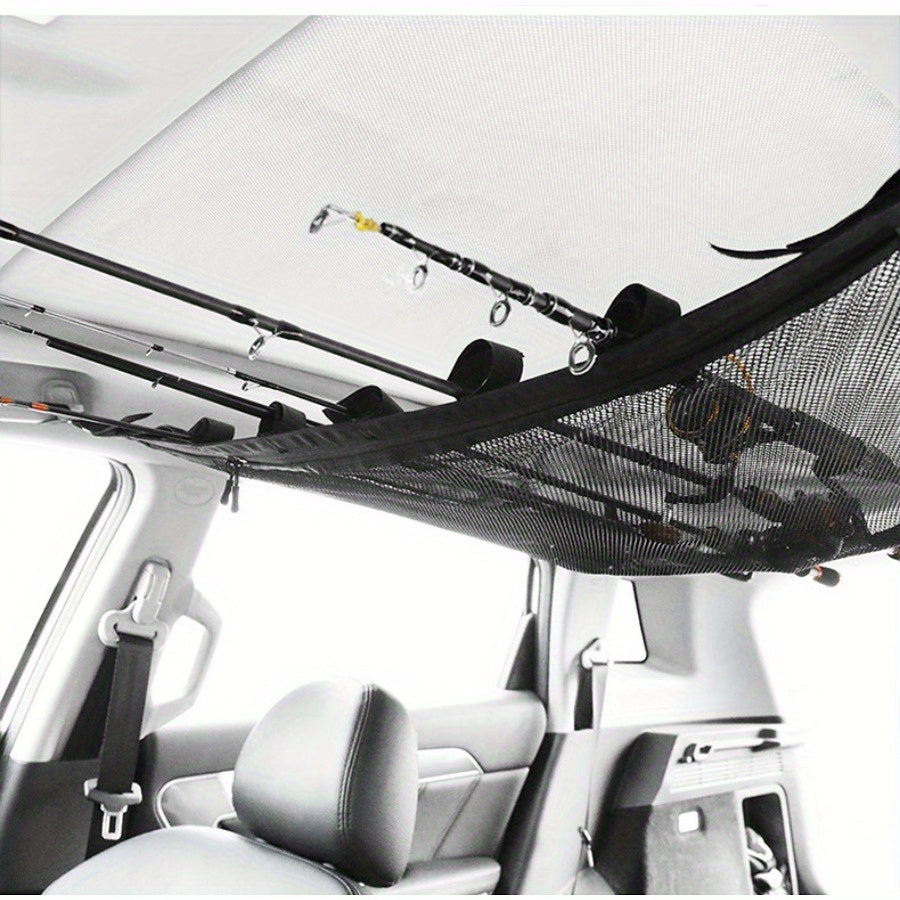 Adjustable Car Ceiling Cargo Net for Fishing Rods and Travel Essentials  

Keep your fishing gear organized and secure during long trips with this versatile ceiling cargo net. Designed to store up to five fishing rods and reels, it prevents tangles and