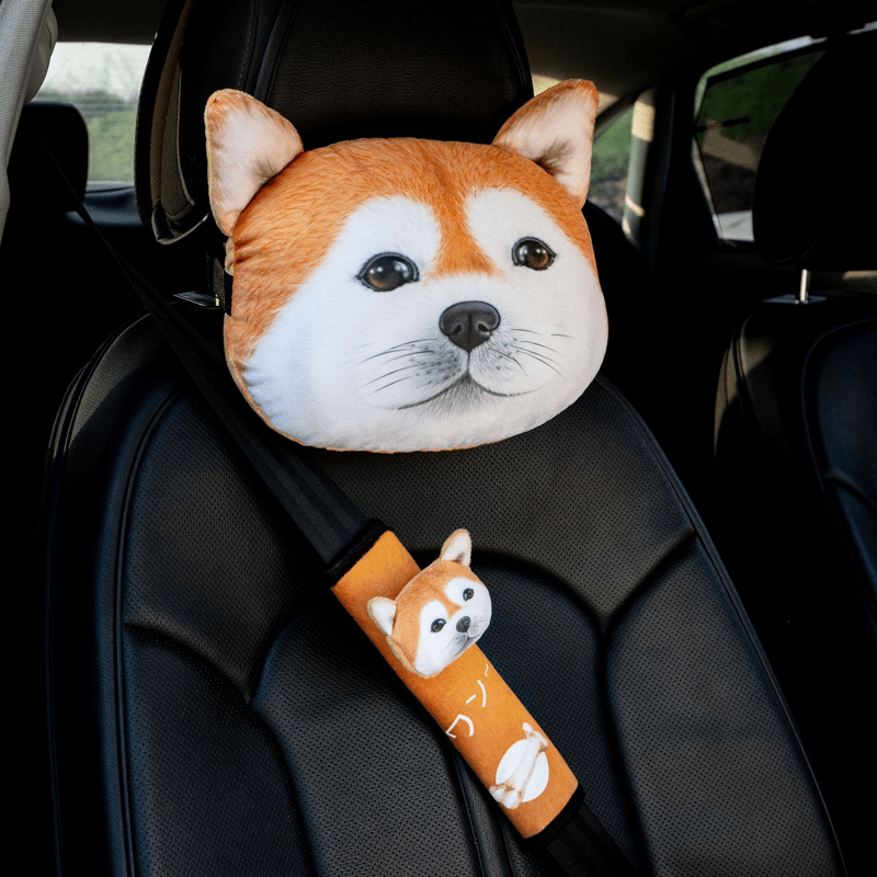 Adorable 3D Dog & Cat Seat Belt Cover - Cozy Car Neck Pillow & Headrest