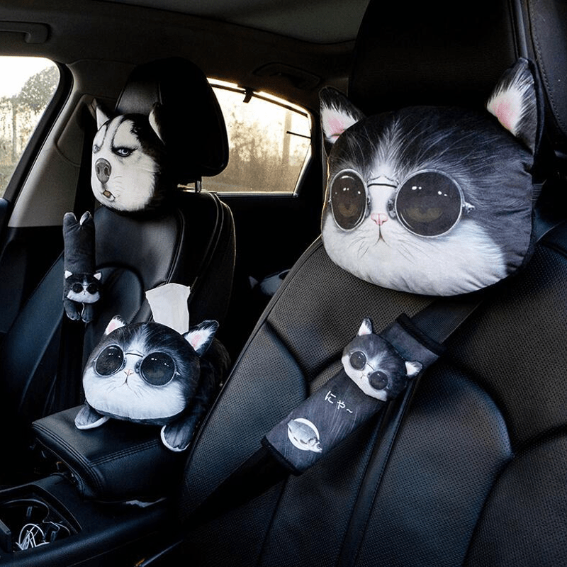 Adorable 3D Dog & Cat Seat Belt Cover - Cozy Car Neck Pillow & Headrest