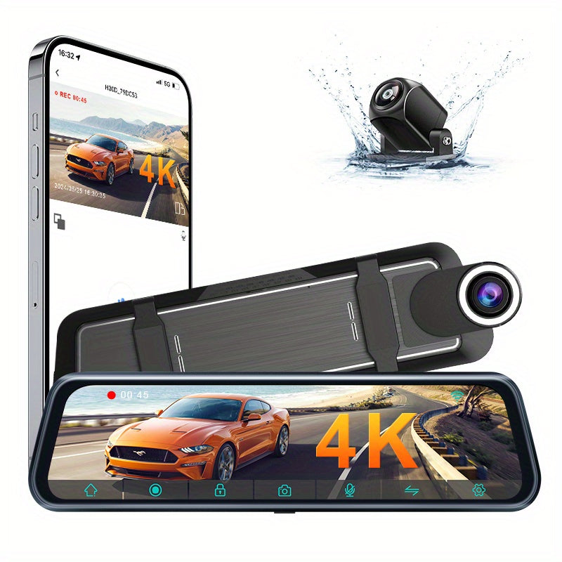 10" High Definition 4K+1080P Dual Channel Driving Recorder, Dash Cam with Lane Change Alerts, Wi-Fi, and 9.66-Inch Touch Screen