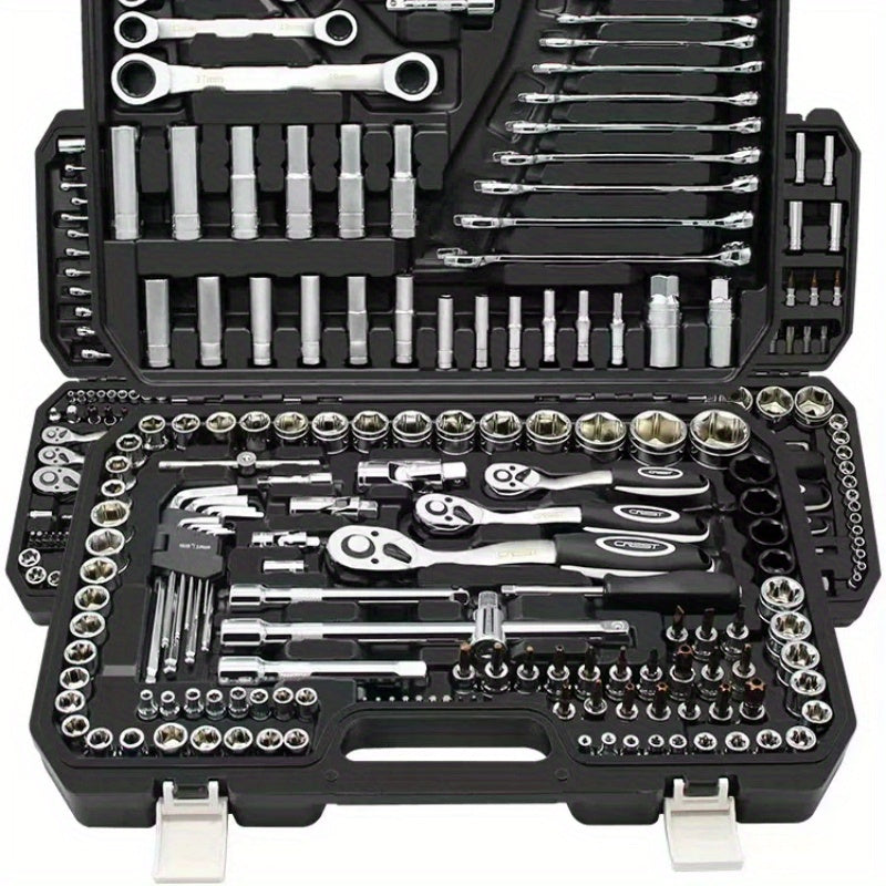 All-in-One Socket Ratchet Wrench Set with Metric Drill Bit Sockets and Extension Rod for Easy Car and Home Repairs in Sturdy Organizer Box