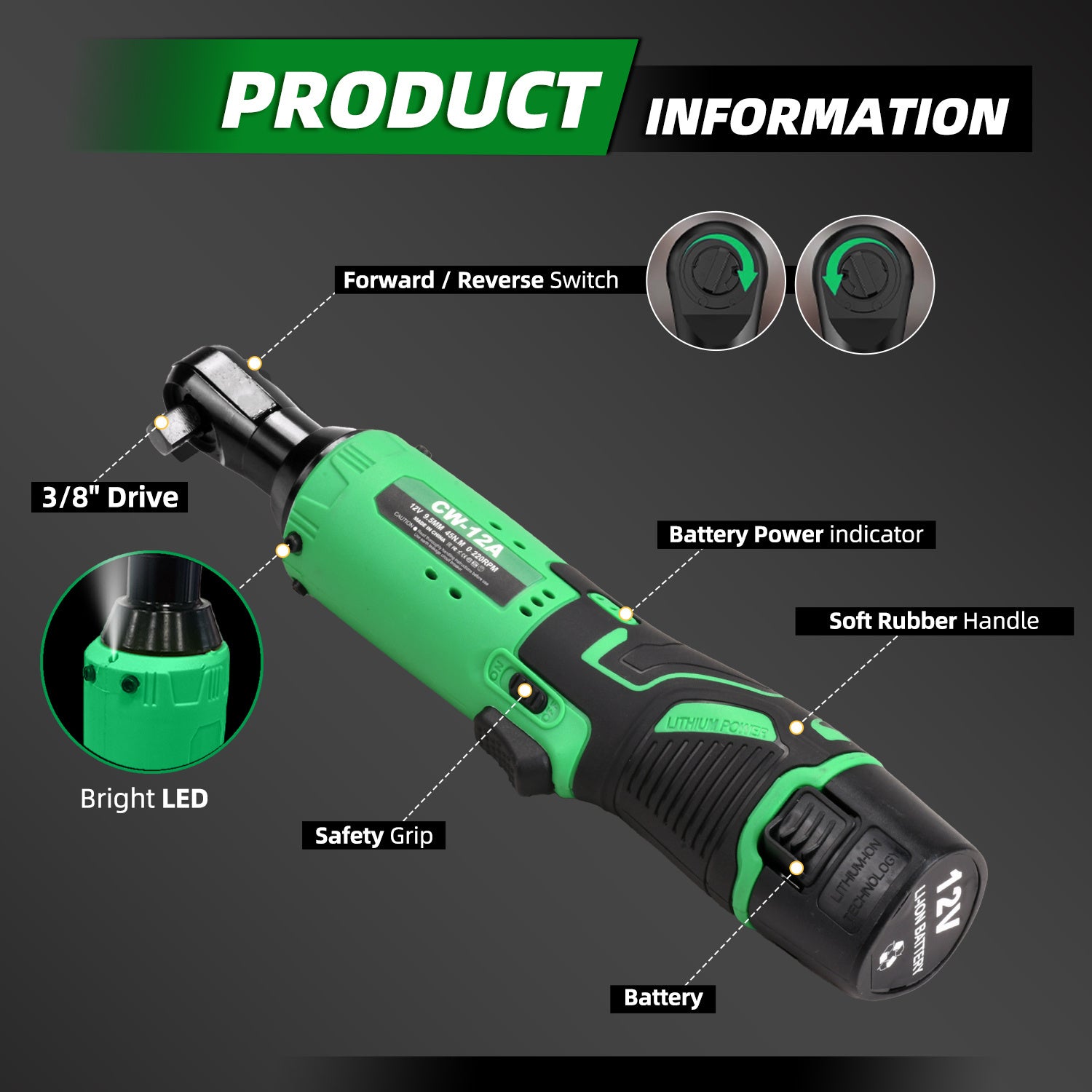 12V Cordless High-Torque Electric Wrench with 7 Sockets - 45Nm Right Angle Ratchet for Easy Car Repairs