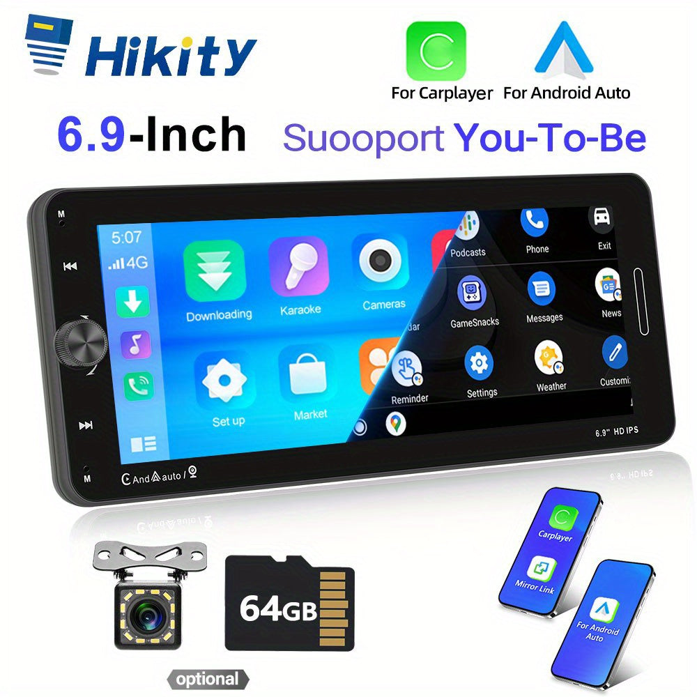 HIKITY 6.9 Inch Wireless Car Stereo with Android Auto & Mirror Link - Portable Multimedia Player for All Vehicles with Optional Backup Camera