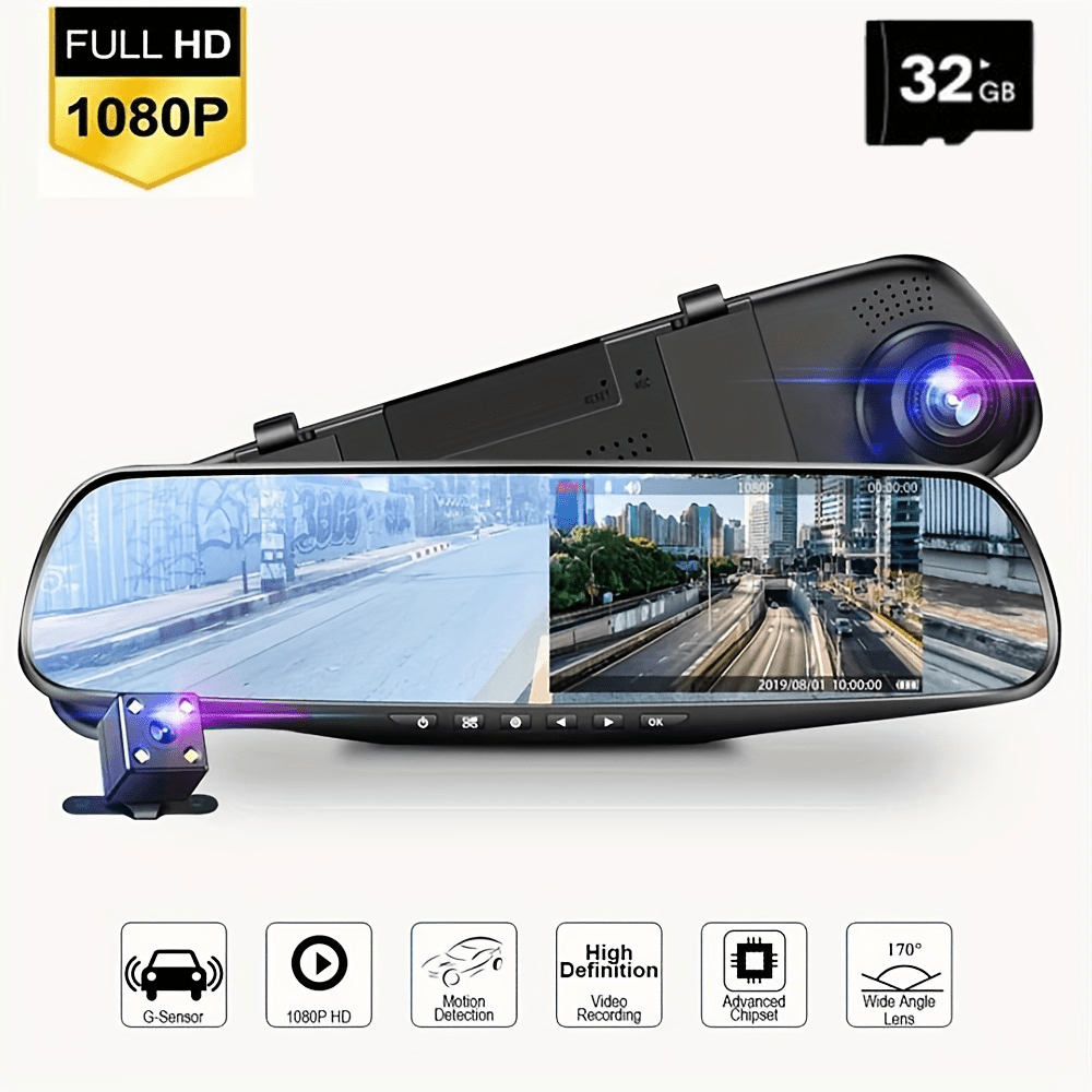 4.3"  Upgrade large screen high definition night vision wide angle installation simple rearview mirror HD driving recorder, equipped with 32G memory card front and rear dual lenses to record reversing images