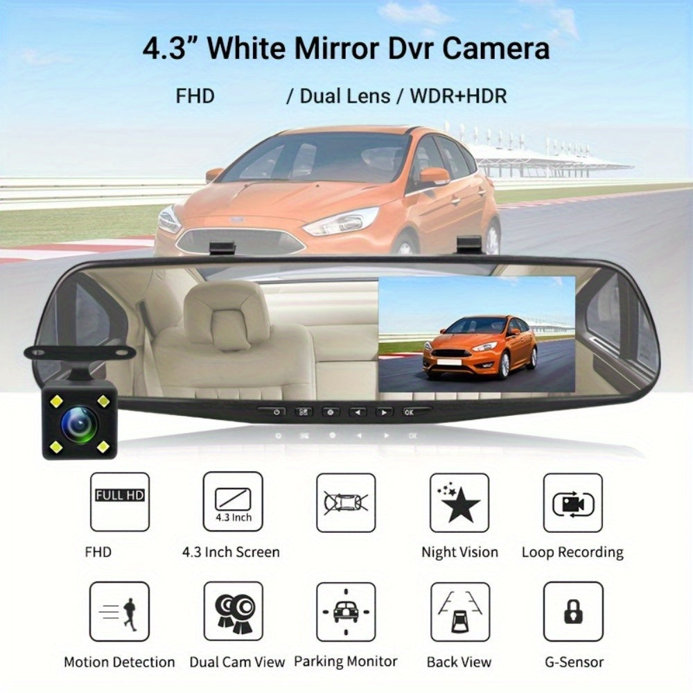 4.3"  Upgrade large screen high definition night vision wide angle installation simple rearview mirror HD driving recorder, equipped with 32G memory card front and rear dual lenses to record reversing images