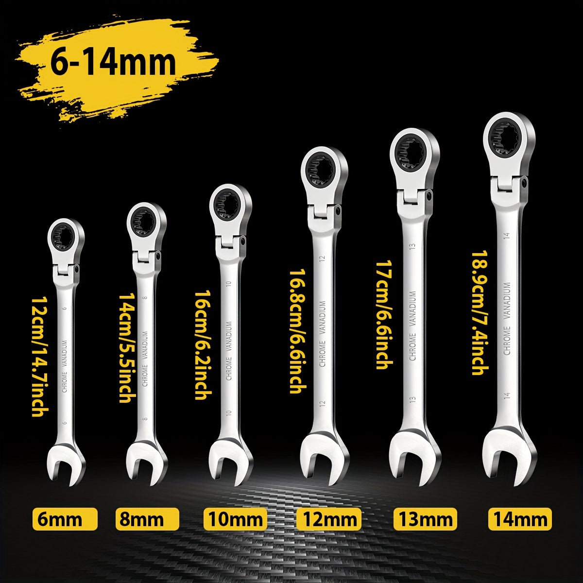 Premium 6-Piece Flex-Head Ratcheting Wrench Set - 72-Teeth Metric Tool Kit (6-14mm) with Convenient Rolling Pouch