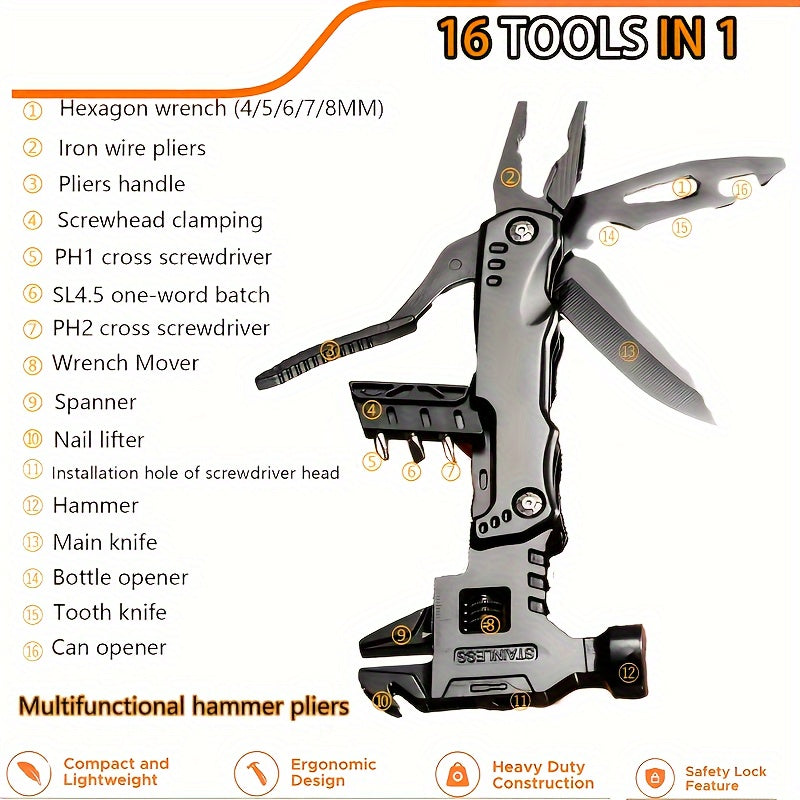 Ultimate 16-in-1 Compact Multitool - Versatile Survival Gear with Pliers, Screwdrivers, Knife, Wrench & More - Perfect Gift for Dads and Adventurers!