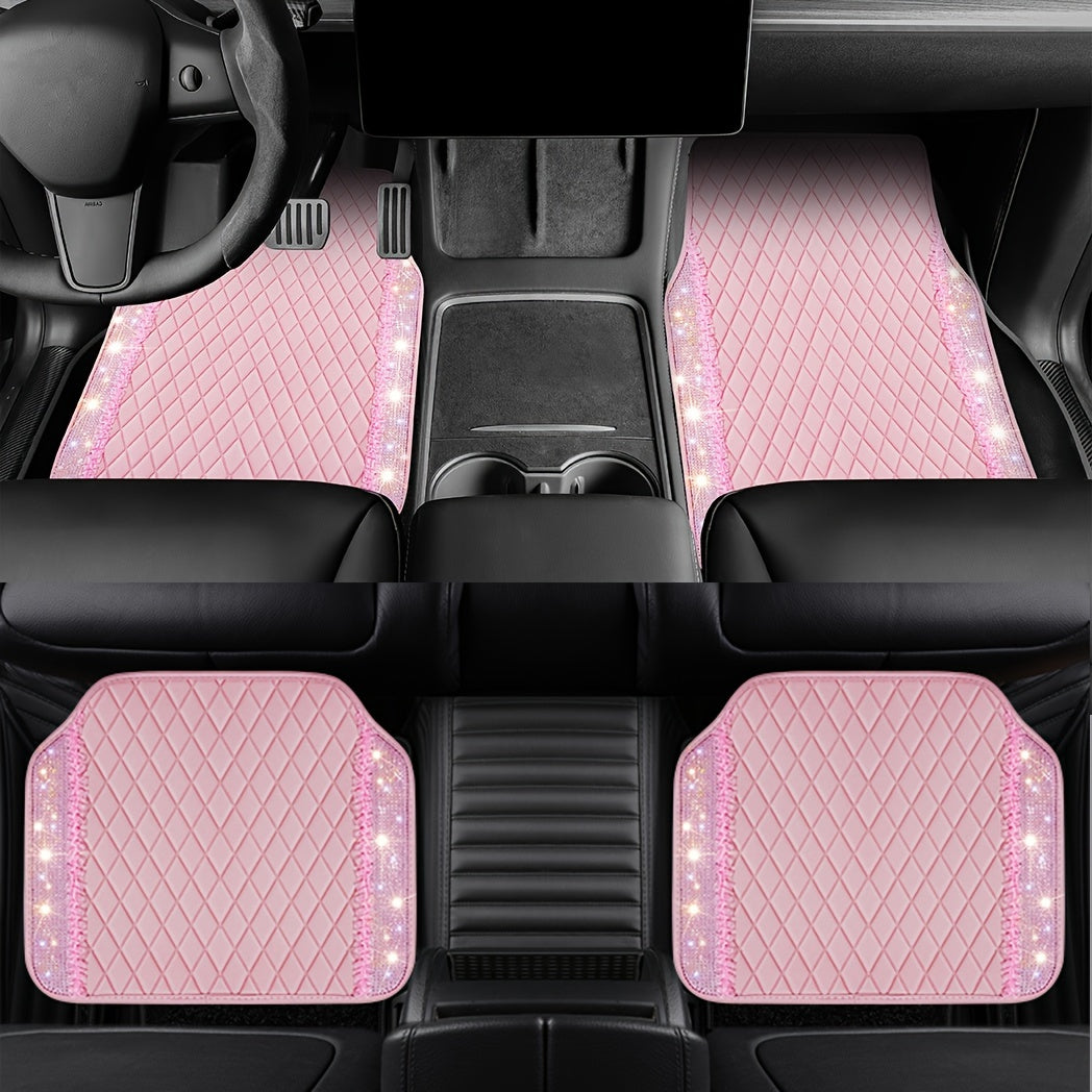 Pink PU Leather Car Floor Mats with Sparkling Rhinestone Design, Anti-Slip & Waterproof Protection, Universal Fit for SUVs, Sedans & Vans – 4-Piece Set for Women & Girls