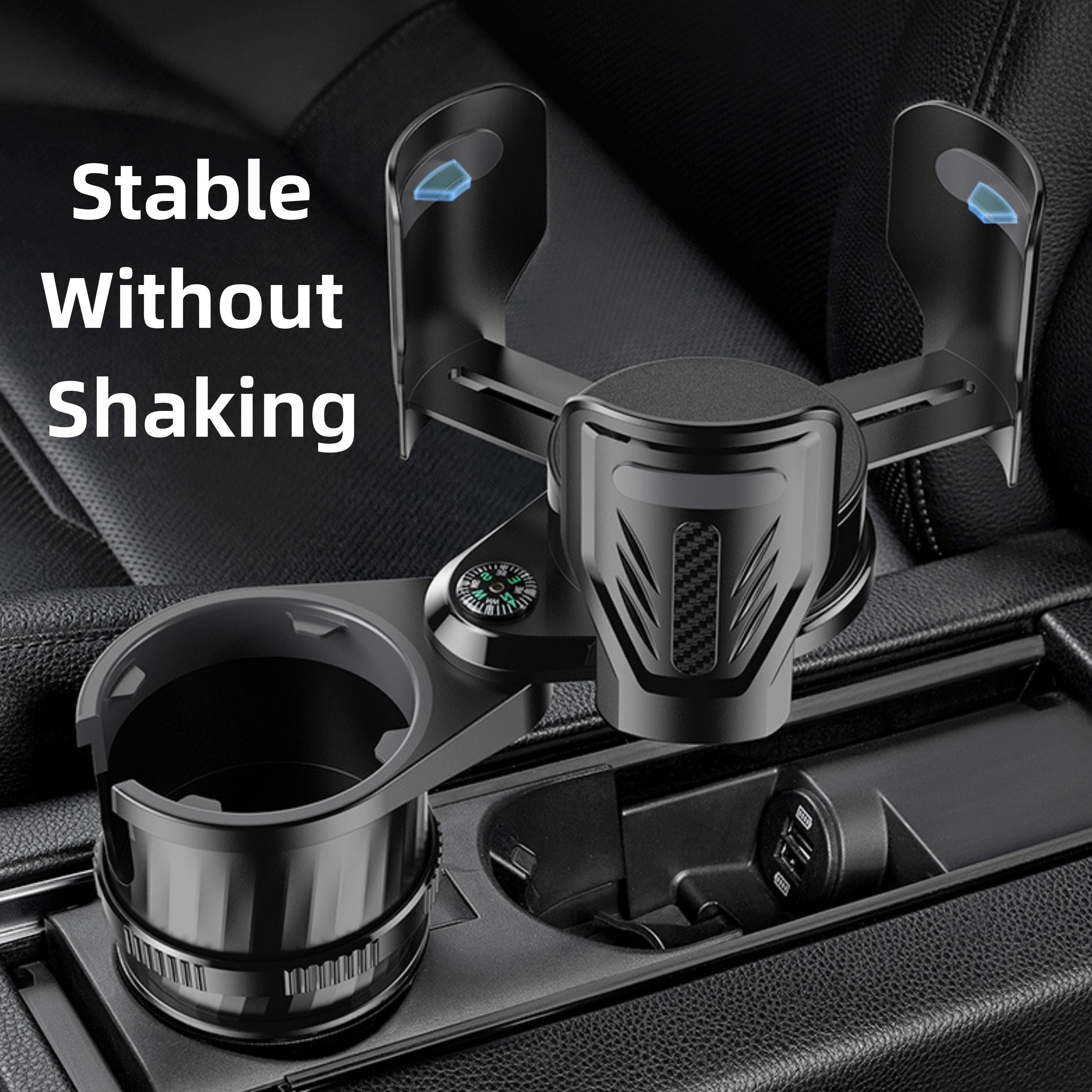 Dual Cup Holder Expander with Adjustable Design and Built-In Compass - Transform One Cup Holder into Two, Noise-Free Operation, Versatile Size Compatibility for Cups and Bowls