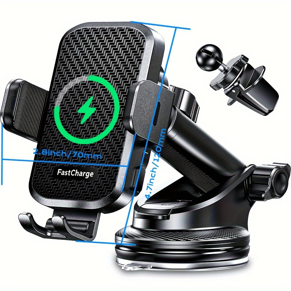 15W Fast Wireless Charging Car Phone Mount with Auto Clamp for Dashboard and Air Vent