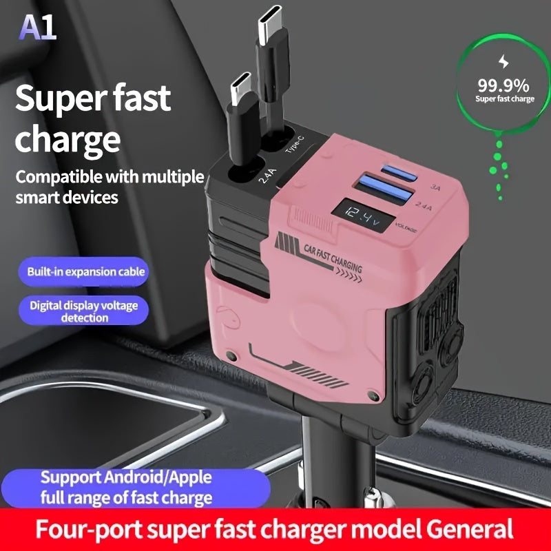 66W 4-in-1 Retractable Fast Charging Car Charger with Dual USB Ports  

Elevate your charging experience with this 66W 4-in-1 Fast Charging Car Charger. Designed for efficiency, it features a retractable 31.5-inch cable, keeping your vehicle tidy while