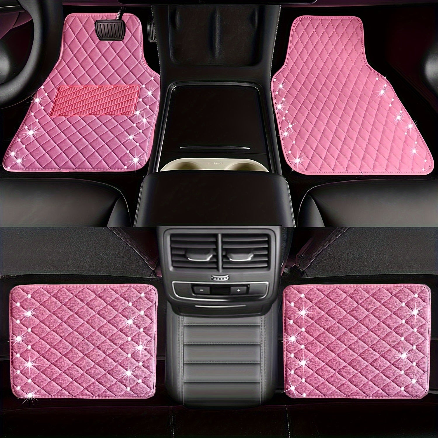 Diamond Rhinestone Car Floor Mats, Sparkly PU Leather Carpet Set for Women, Cute Pink Bling Auto Mats, Universal Fit for SUV, Sedan & Van, 4-Piece Set