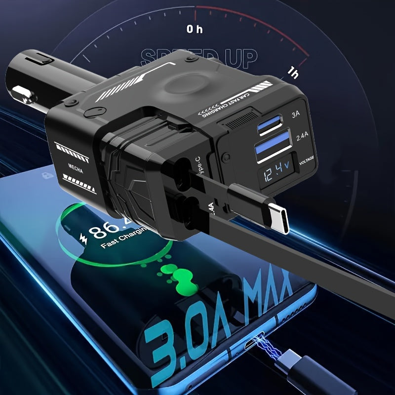 4-Port Super Fast Car Charger with 31.5" Retractable Cable - Compatible with iPhone and Type-C Devices, Real-Time Voltage Monitoring  

Revitalize your driving experience with this stylish and efficient car charger. Featuring four rapid charging ports