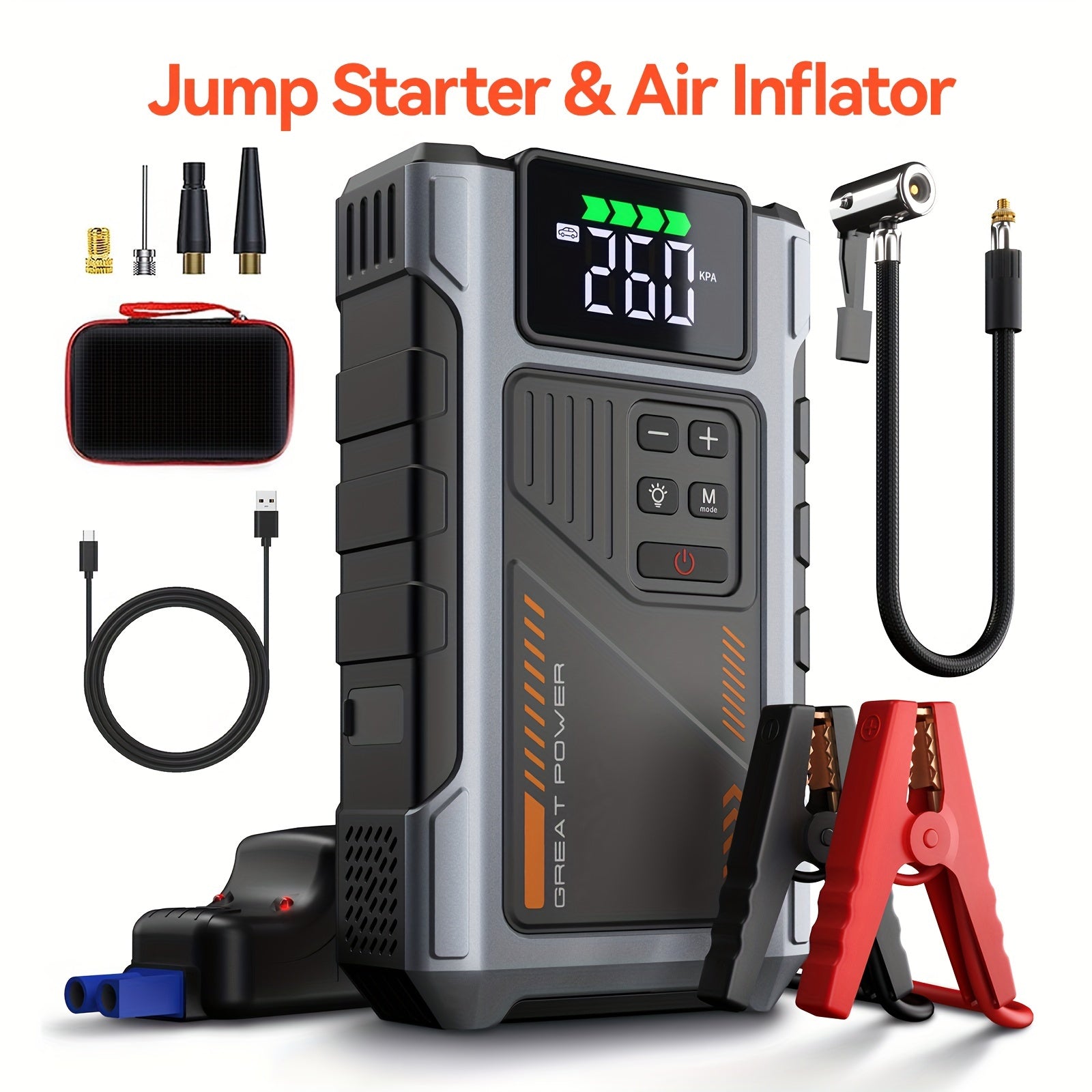 Multi-Function Portable Car Jump Starter with Air Compressor – 2500A Peak Power, 150 PSI Tire Inflator, LED Light & Quick Charge USB Battery Pack