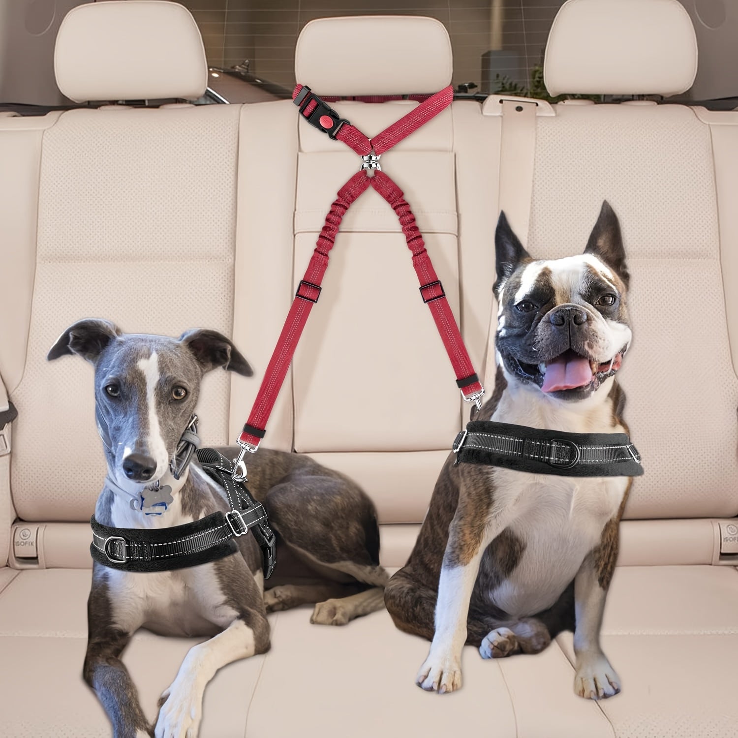 Adjustable Bungee Dog Seat Belt - Reflective Nylon Restraint Tether for Cars, Perfect for Small to Large Dogs