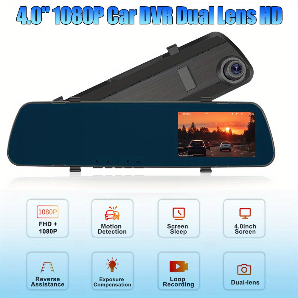 4.0-inch display screen 1080P Car DVR Dual Lens HD Rear view Mirror Car Recorder with 480P Rear, Motion Detection