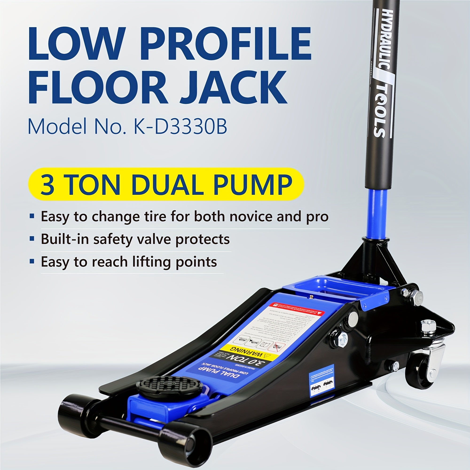 Premium 3 Ton Heavy-Duty Steel Floor Jack with Quick Lift Dual Piston Pump - Low Profile Design for Easy Car Maintenance and Wide 3.3"-18.5" Lifting Range