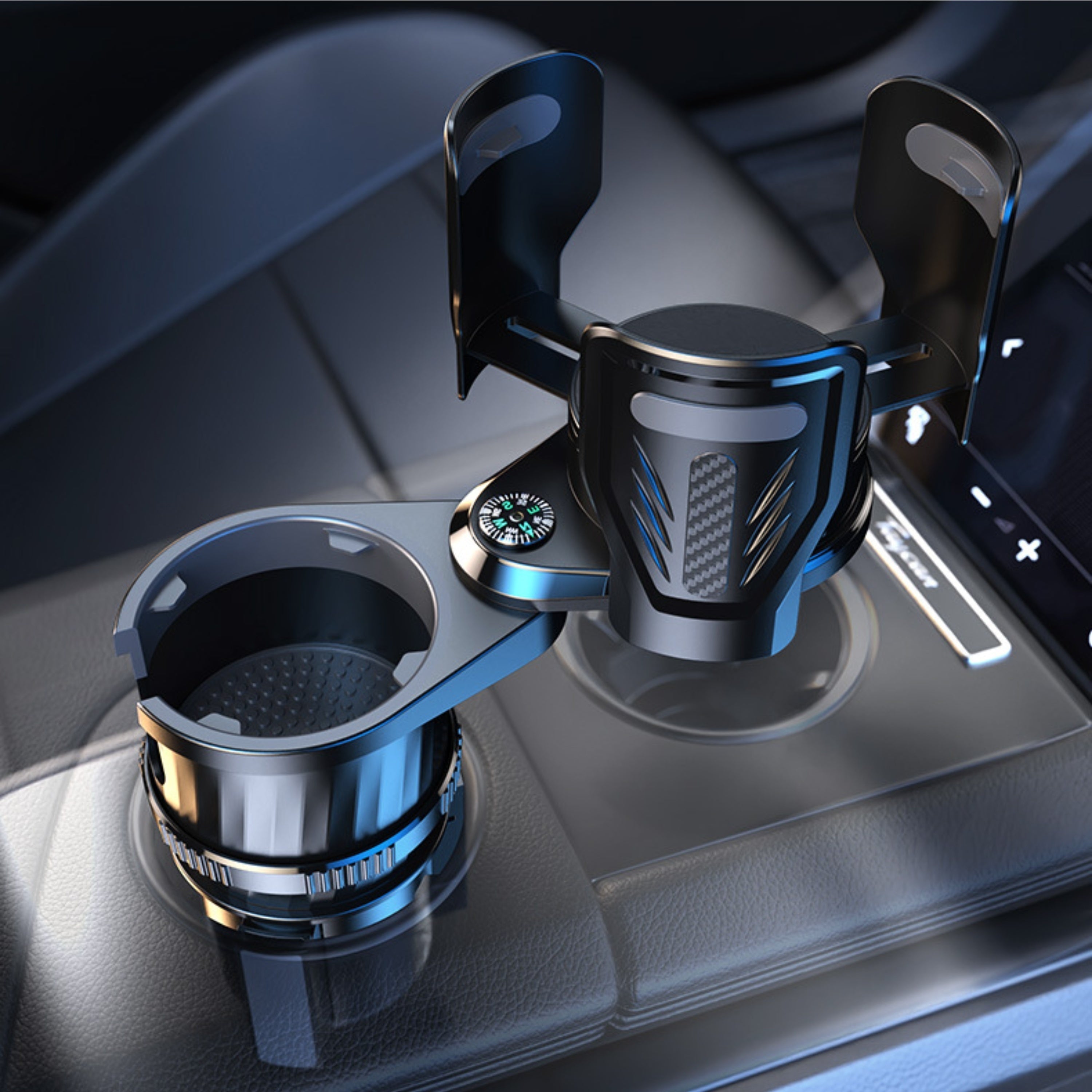 Dual Cup Holder Expander with Adjustable Design and Built-In Compass - Transform One Cup Holder into Two, Noise-Free Operation, Versatile Size Compatibility for Cups and Bowls