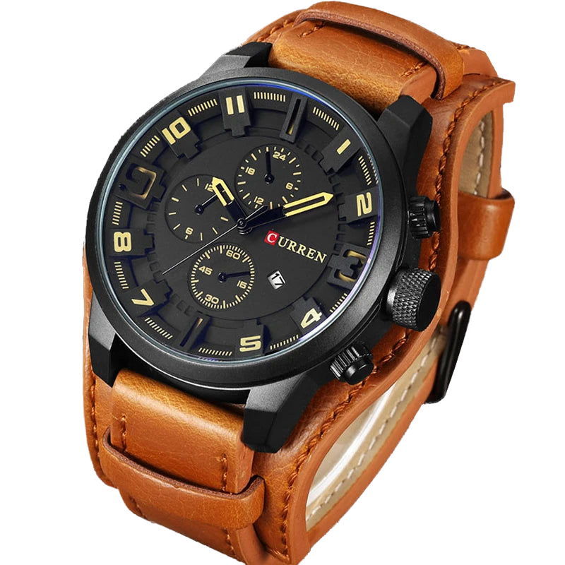 a black and brown watch on a brown leather strap