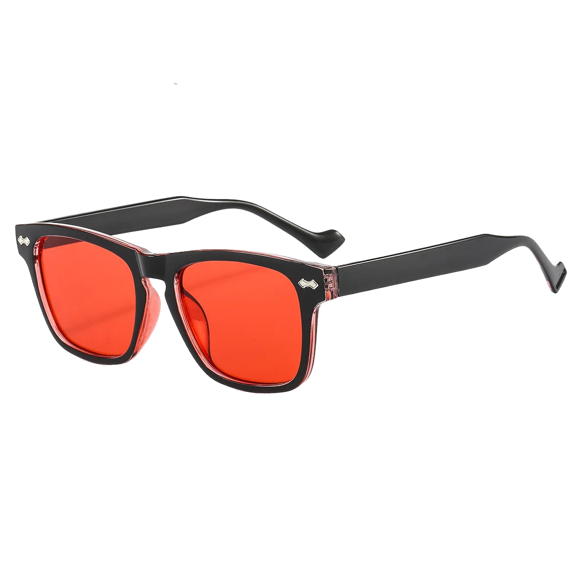 a pair of sunglasses with a red lens