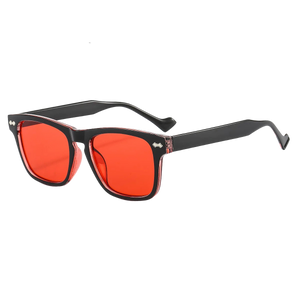 a pair of sunglasses with a red lens