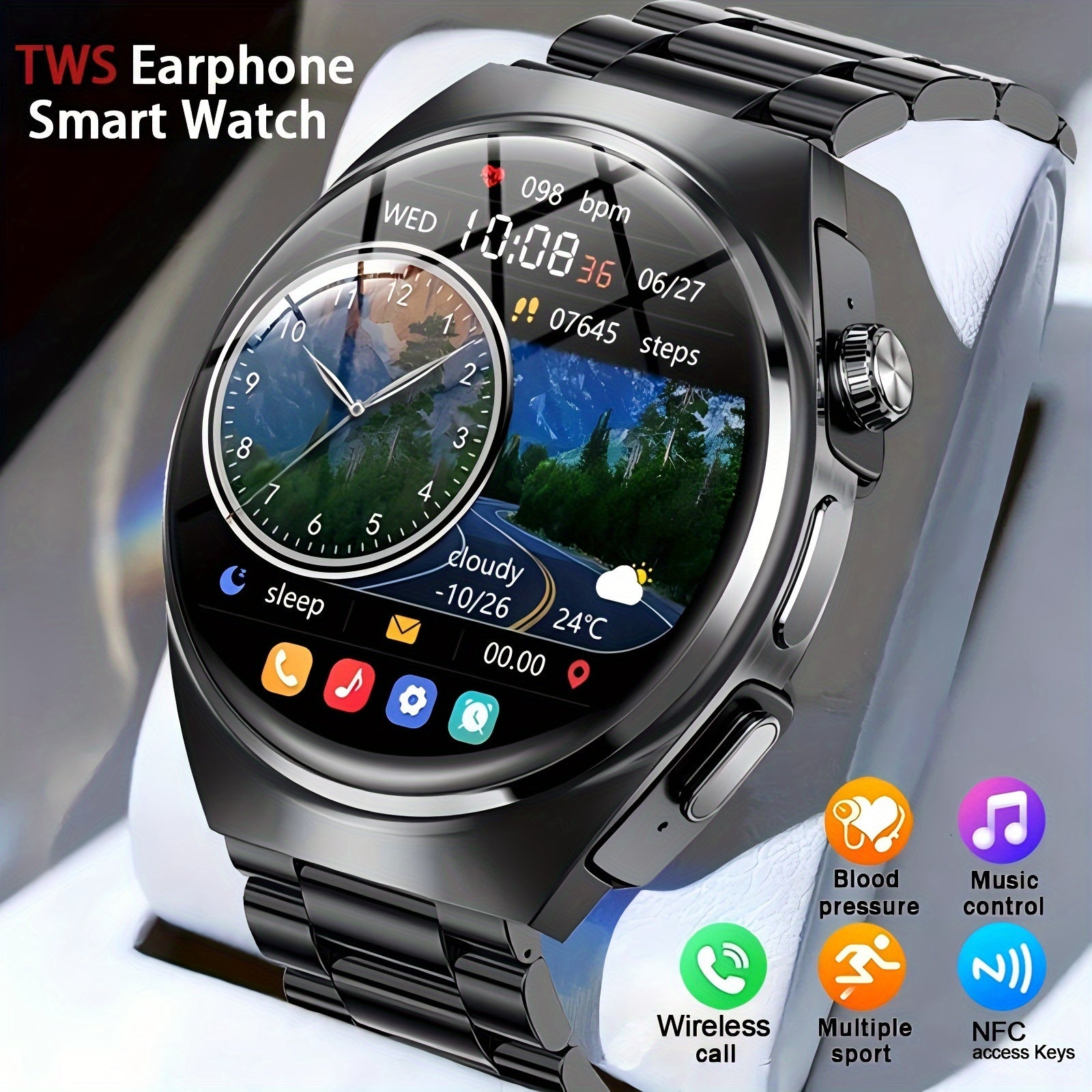 All-in-One Smartwatch with Wireless Calling, NFC Access, Fitness Tracking, and TWS Earbuds Compatibility