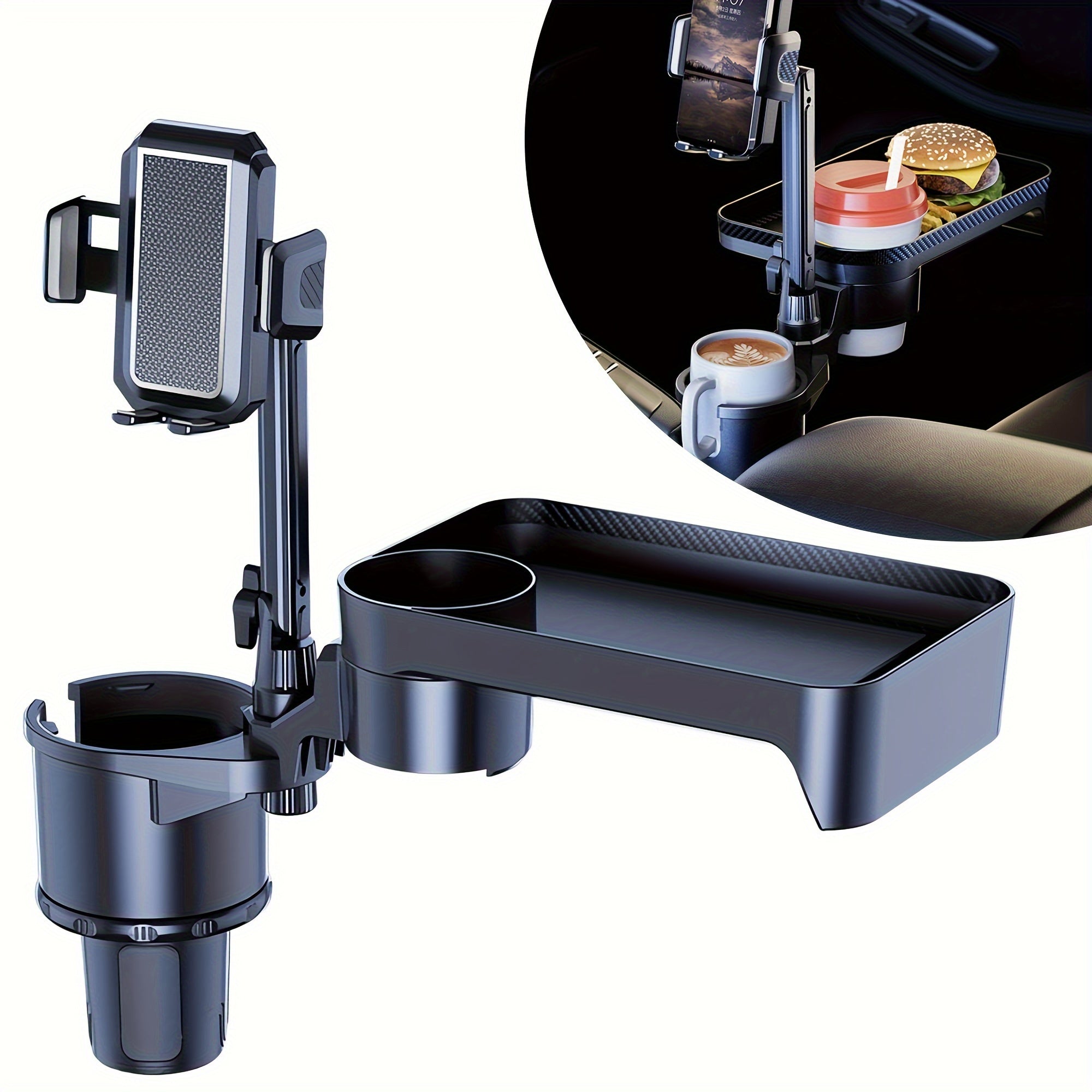 4-in-1 Detachable Car Food Tray with Phone Holder & 360° Rotating Cup Expander - Ultimate Travel Accessory for Road Trips and On-the-Go Dining