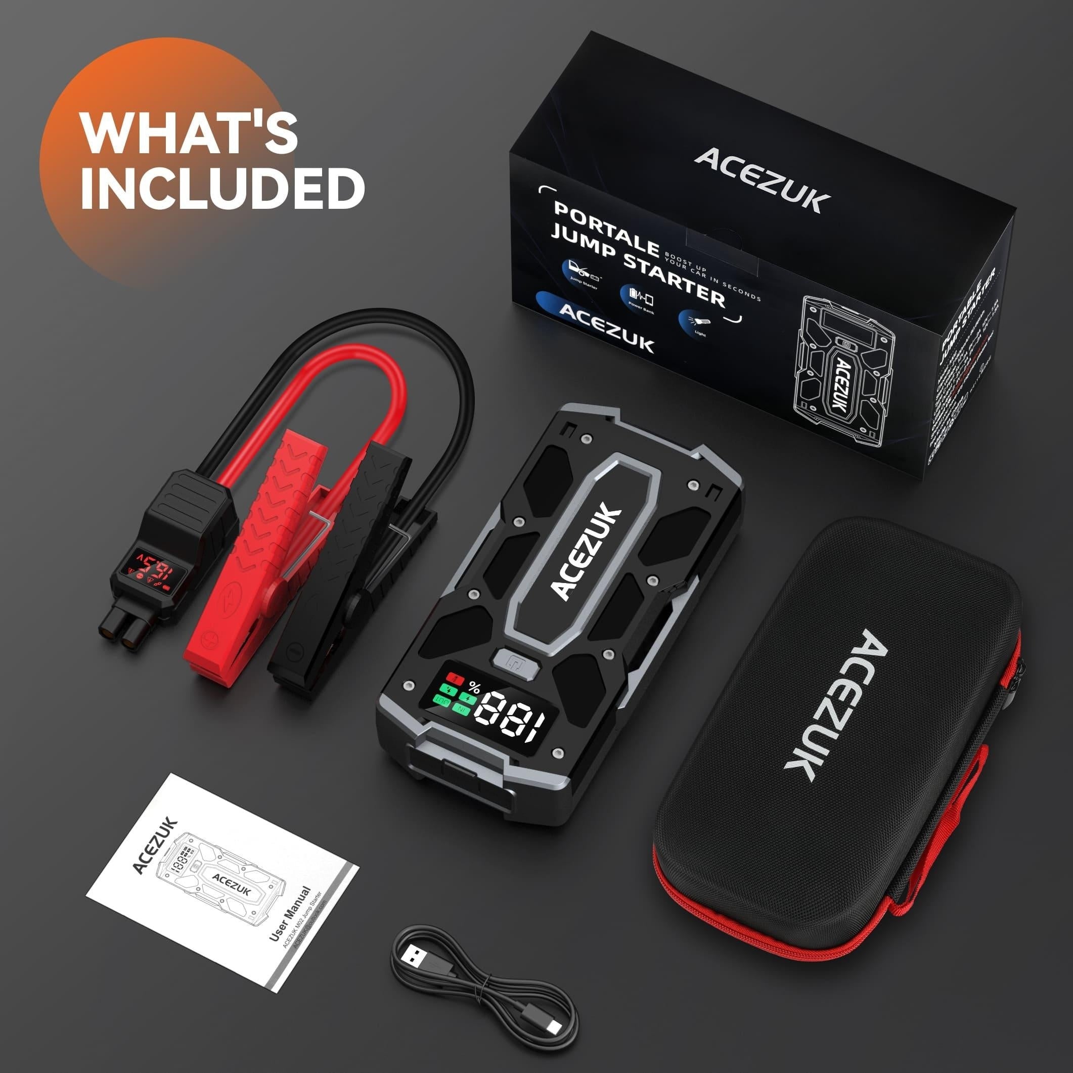 5000A Portable Car Jump Starter with Smart Jumper Cables, Quick Charge, and Digital Display - Perfect for Gas and Diesel Vehicles