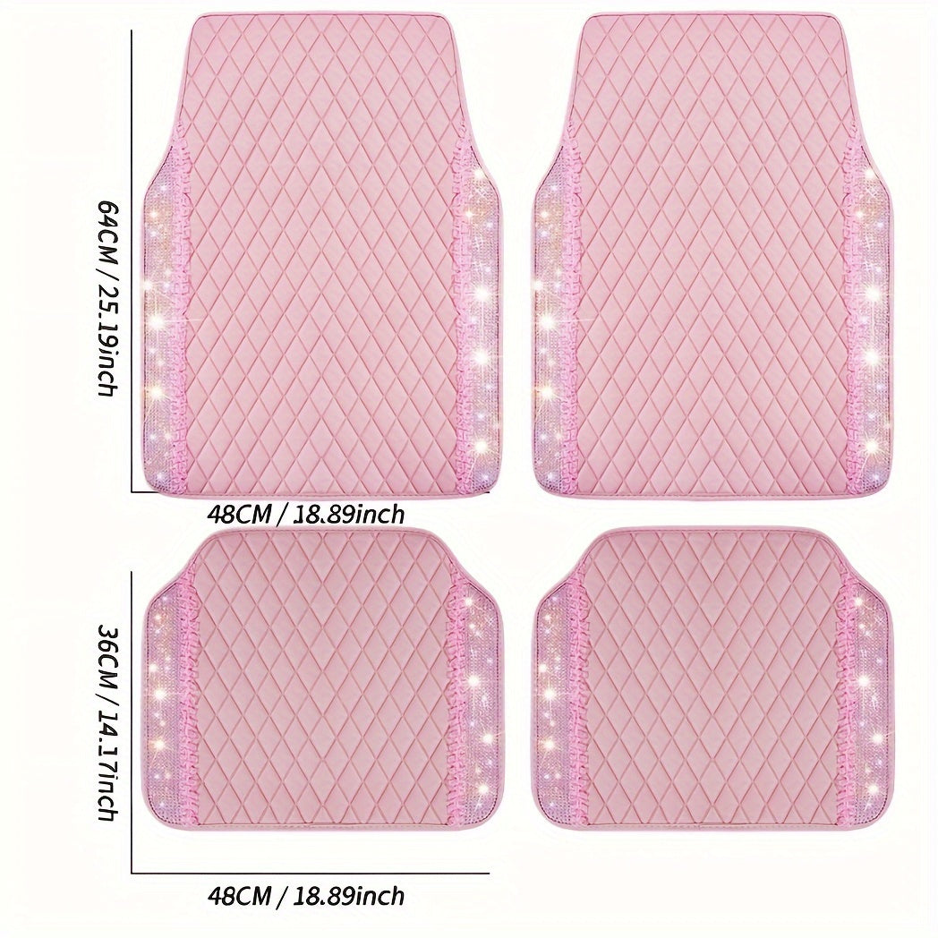 Pink PU Leather Car Floor Mats with Sparkling Rhinestone Design, Anti-Slip & Waterproof Protection, Universal Fit for SUVs, Sedans & Vans – 4-Piece Set for Women & Girls