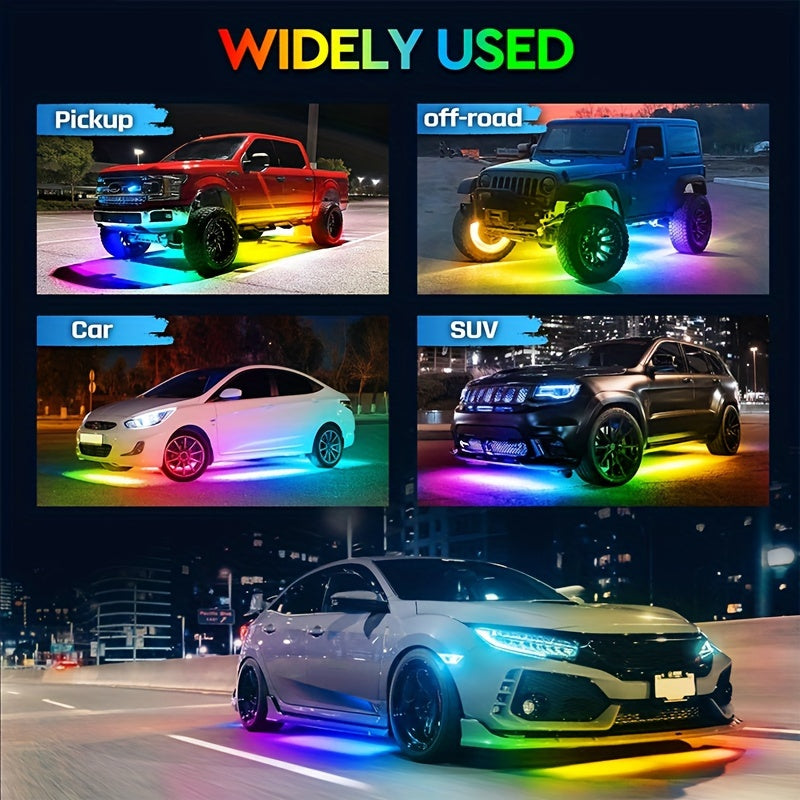 Universal 4pcs RGB LED Car Light Strips with Music Sync, APP Control & Remote - Colorful Neon Interior Base Lights for Car Decoration & Festive Occasions