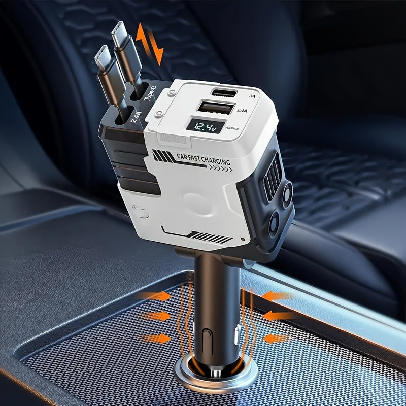 66W 4-in-1 Retractable Fast Charging Car Charger with Dual USB Ports  

Elevate your charging experience with this 66W 4-in-1 Fast Charging Car Charger. Designed for efficiency, it features a retractable 31.5-inch cable, keeping your vehicle tidy while