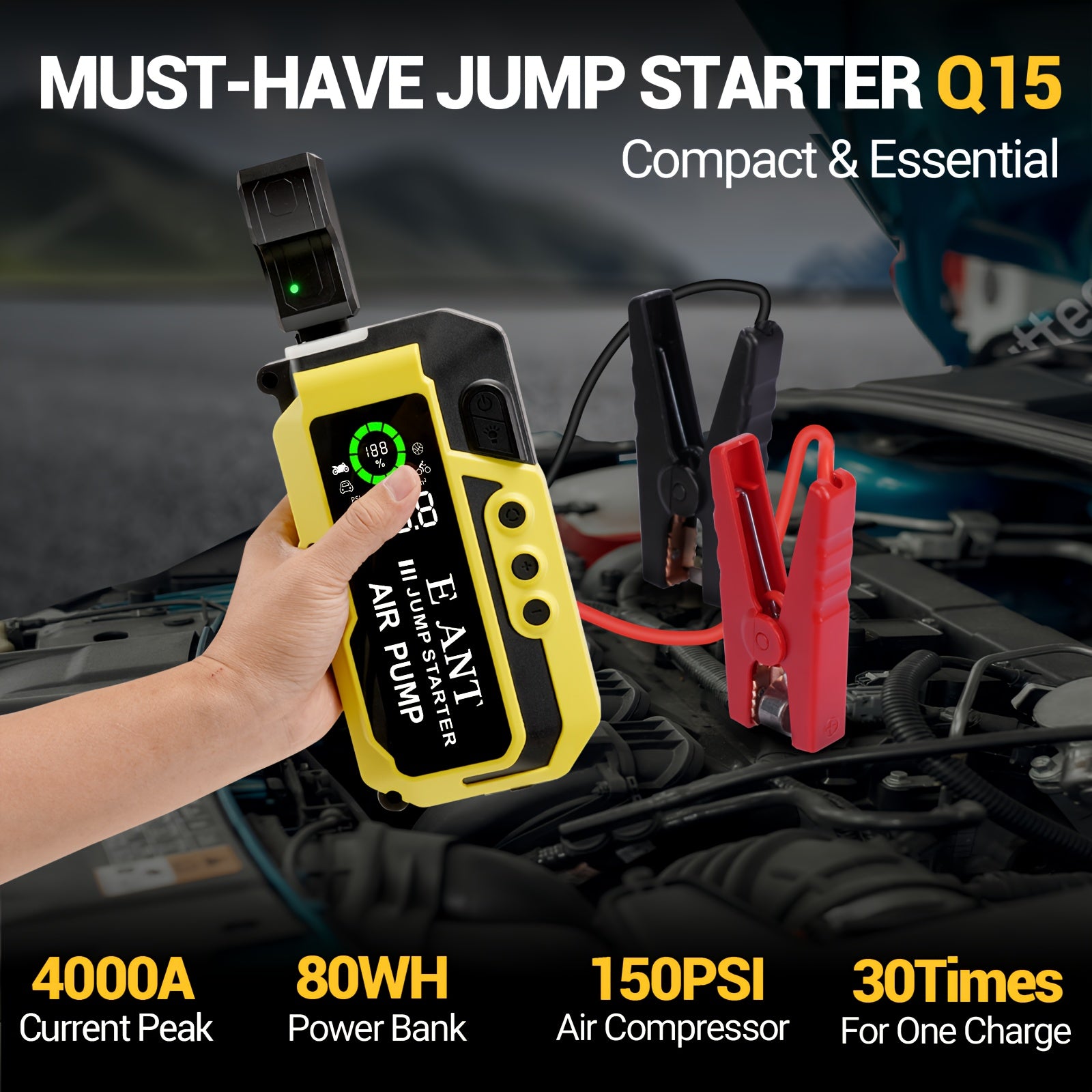 All-in-One Portable Car Jump Starter & Tire Inflator - 4000A Peak Battery Booster with Quick Charge USB and 150 PSI Air Compressor