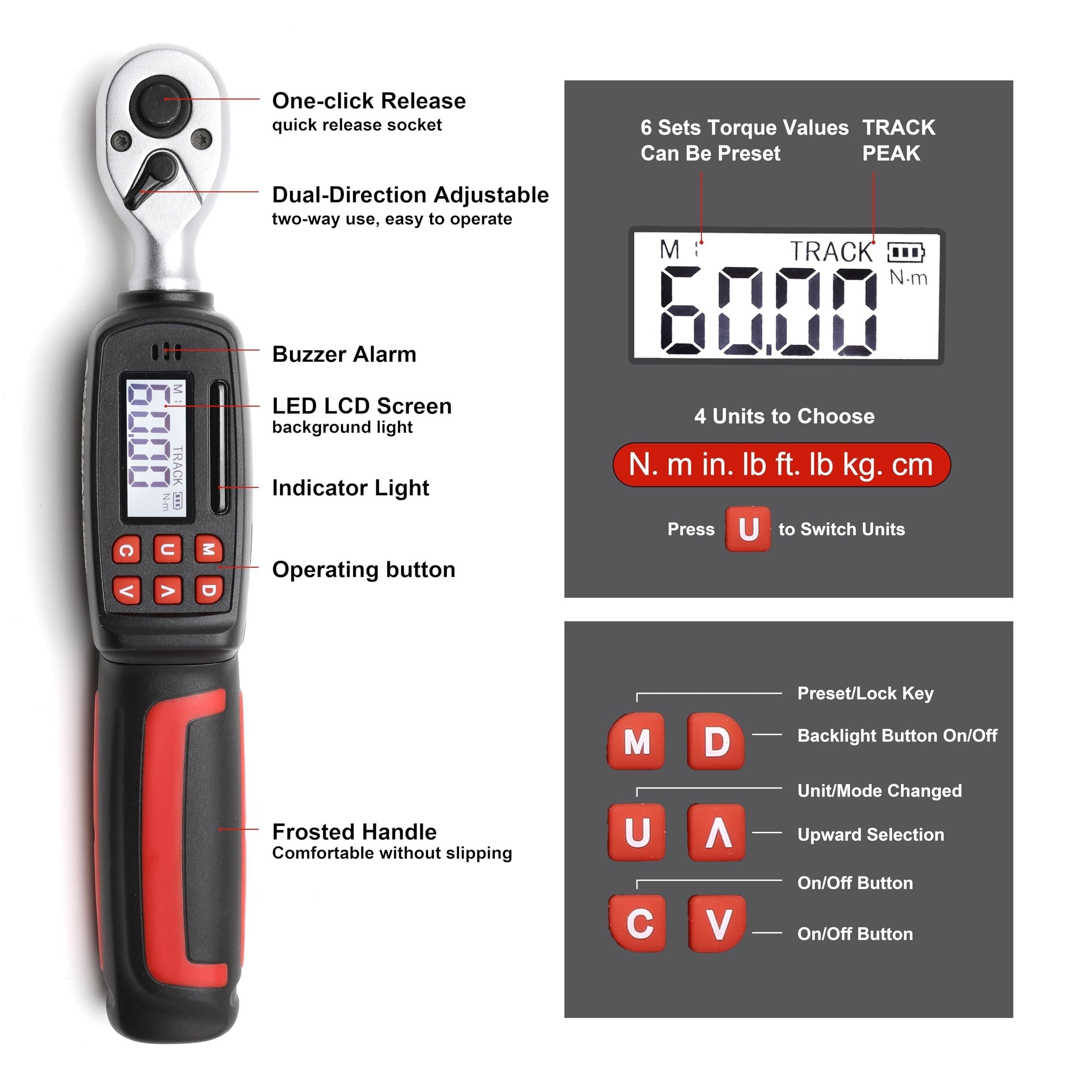 Digital Torque Wrench Set - Precision Bi-Directional Tool for Automotive & Bicycle Repairs with LED & Buzzer Alerts (2.2-44.2 ft-lb / 3-60 Nm)