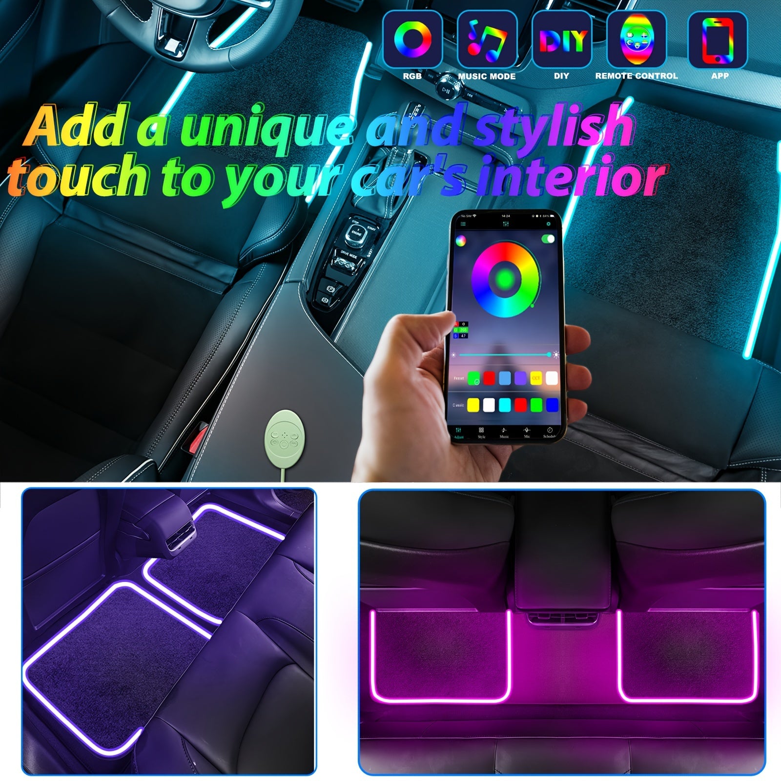 Custom LED Illuminated Waterproof Car Floor Mats - App-Controlled RGB Faux Fur for Ultimate Vehicle Style