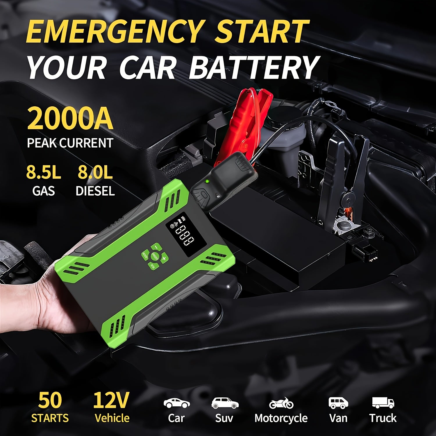 All-in-One Portable Car Jump Starter with Air Compressor - 2000A Peak, 150PSI Tire Inflator, Quick Charge USB, LED Light & Compass