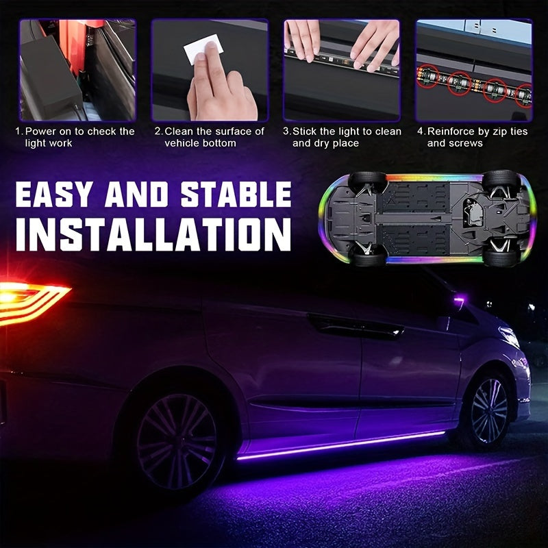 Universal 4pcs RGB LED Car Light Strips with Music Sync, APP Control & Remote - Colorful Neon Interior Base Lights for Car Decoration & Festive Occasions