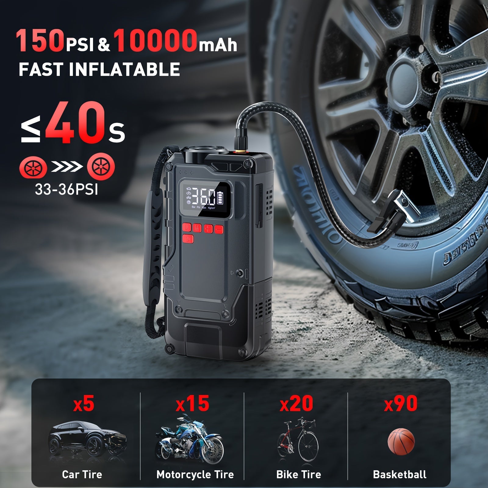 Portable Car Jump Starter & Air Compressor - 2200A Power, 150PSI, LCD Display, Perfect for Holiday Gifts!