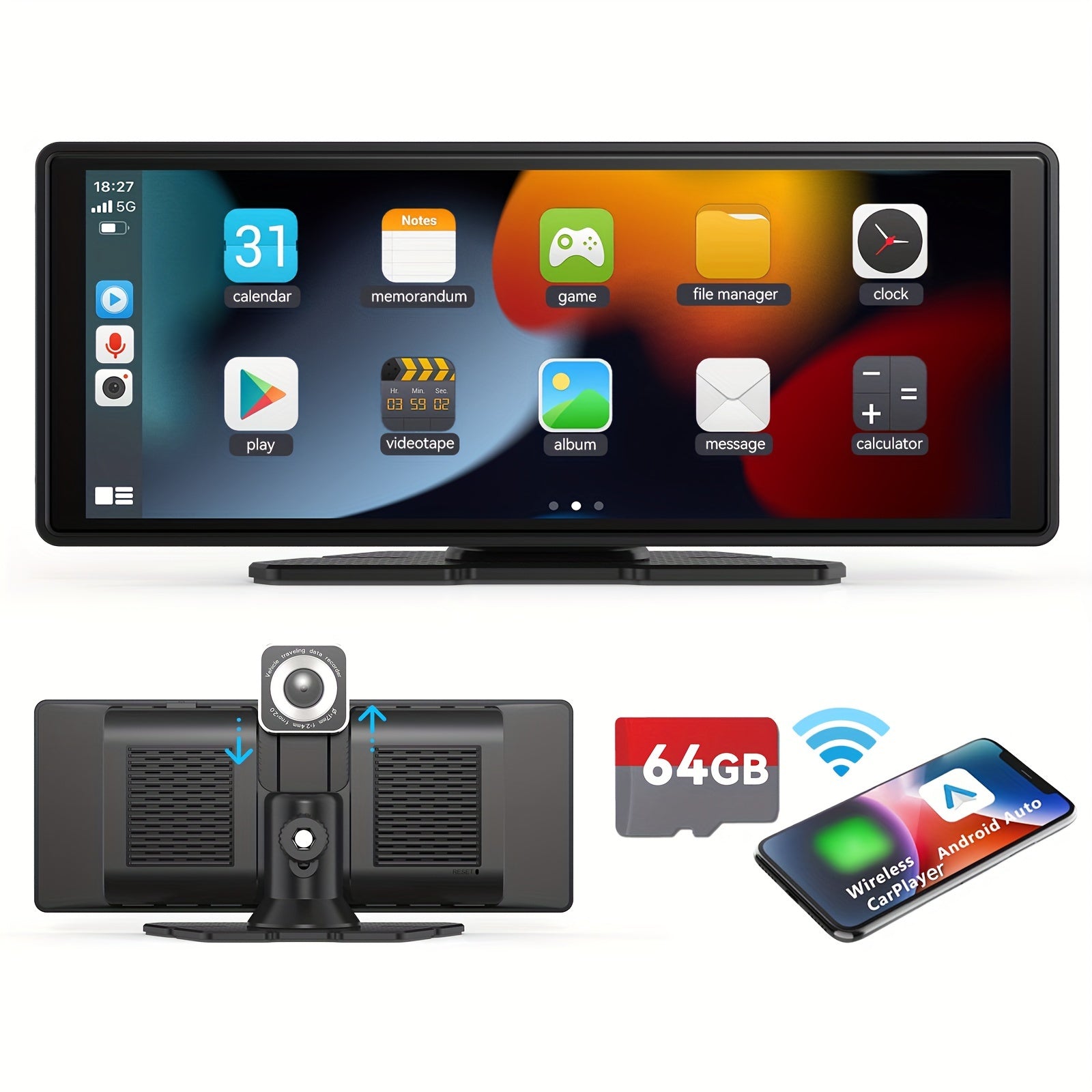 10.26" Full HD Wireless CarPlay & Android Auto Touchscreen - All-in-One Dash Cam, GPS Navigation, Mirror Link, Hands-Free Calling, Universal Fit for Cars, Trucks & RVs