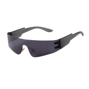 a pair of sunglasses with a black frame and grey lens