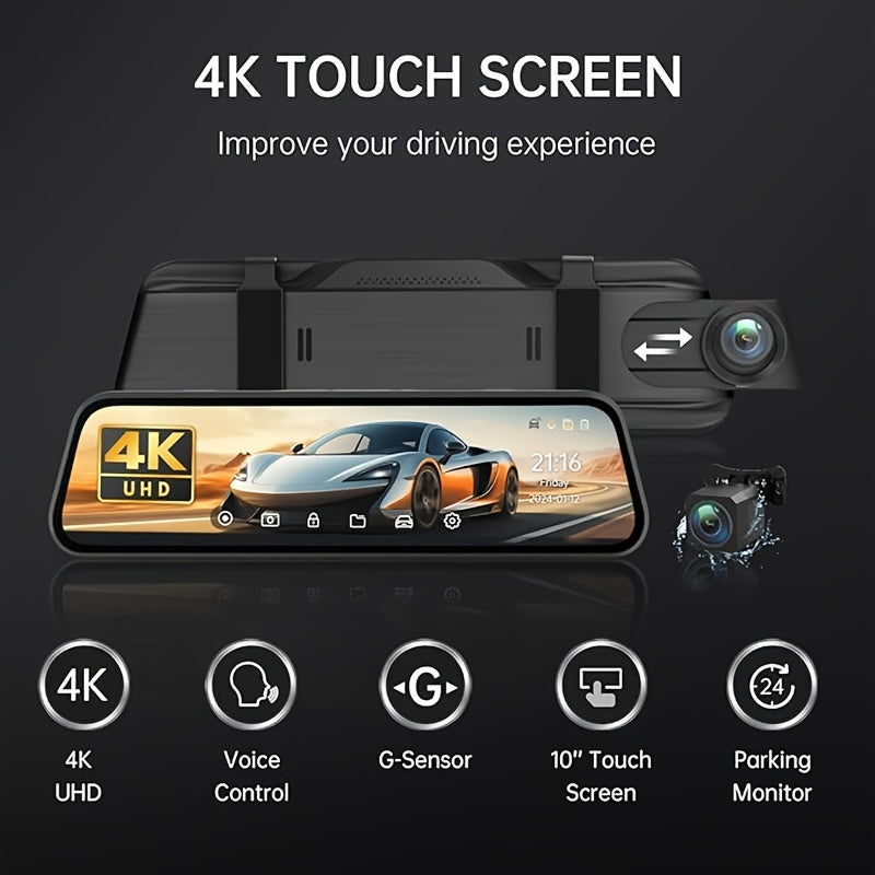 10" 4K Mirror Dash Cam with 1080P Rear Camera, Voice Control & Night Vision – Complete Front and Rear Protection for Your Vehicle