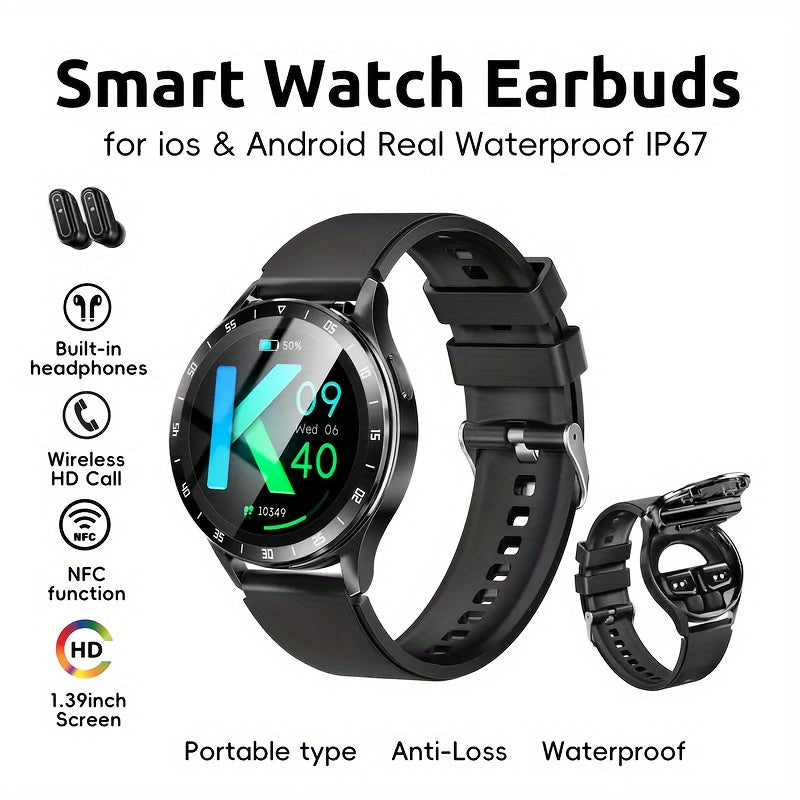 All-in-One Smart Watch with Bluetooth Earbuds, IP67 Waterproof Design - Your Ultimate Workout Partner  Experience the perfect synergy of fitness tracking and music enjoyment with this innovative 2-in-1 device. Effortlessly switch between